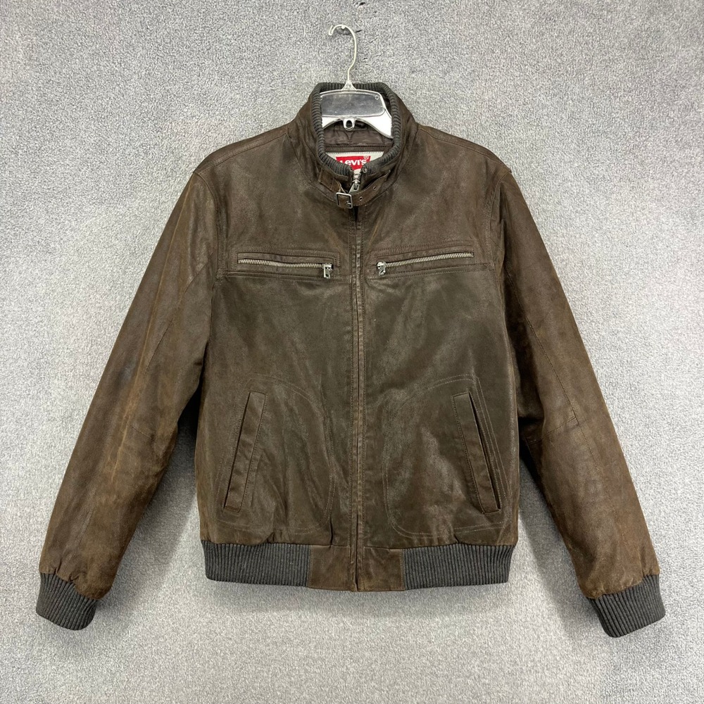 Levis Leather Bomber Jacket Mens S Brown Suede Moto Distressed Ribbed Zip Coat